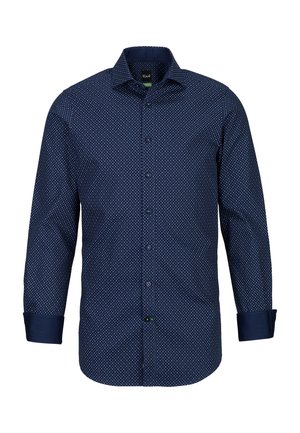 Herren Langarmhemd in marineblau mit kleinem weißen Rautenmuster, Knopfleiste und unifarbenen marineblauen Manschetten und Krageninleg.
