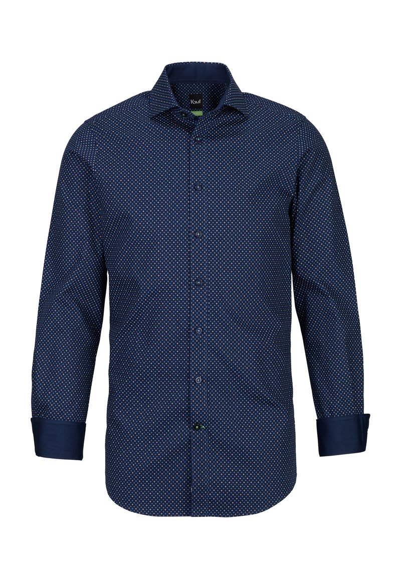 Camicia da uomo a maniche lunghe blu navy con un piccolo motivo a rombi bianchi, chiusura con bottoni e polsini e rifiniture del colletto in blu navy solido.