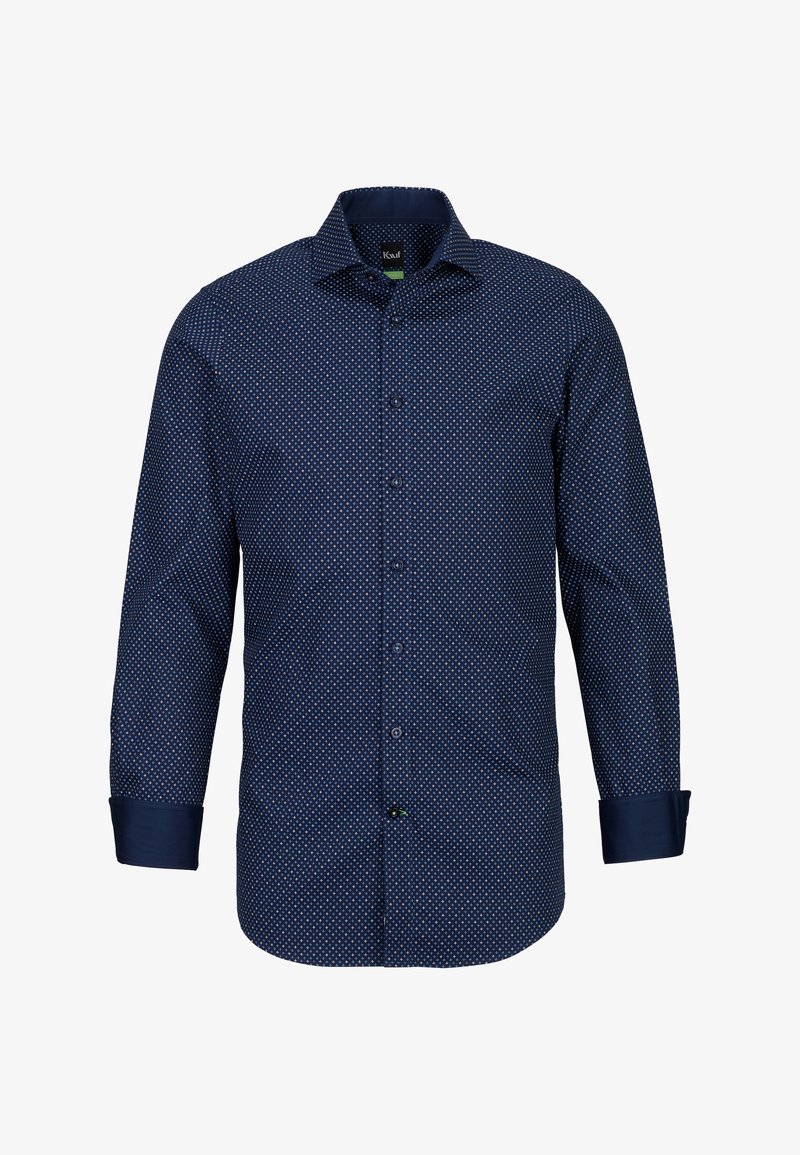 Camicia da uomo a maniche lunghe blu navy con un piccolo motivo a rombi bianchi, chiusura con bottoni e polsini e rifiniture del colletto in blu navy solido.