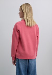 Pink sweatshirt with a relaxed fit, ribbed cuffs, and hem. Paired with loose blue denim jeans, viewed from the back. Soft texture.