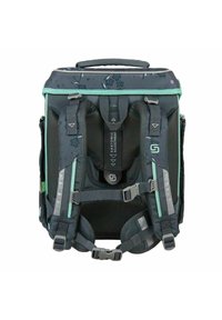 Zaino nero con motivo floreale, spallacci imbottiti, fibbie regolabili, tasche laterali doppie e maniglia superiore.