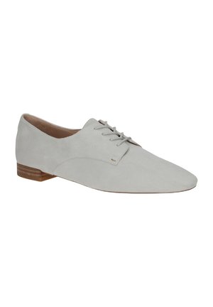 Scarpe oxford grigie in suede con punta arrotondata, design allacciato e piccolo tacco in legno. Texture liscia con dettagli minimi.