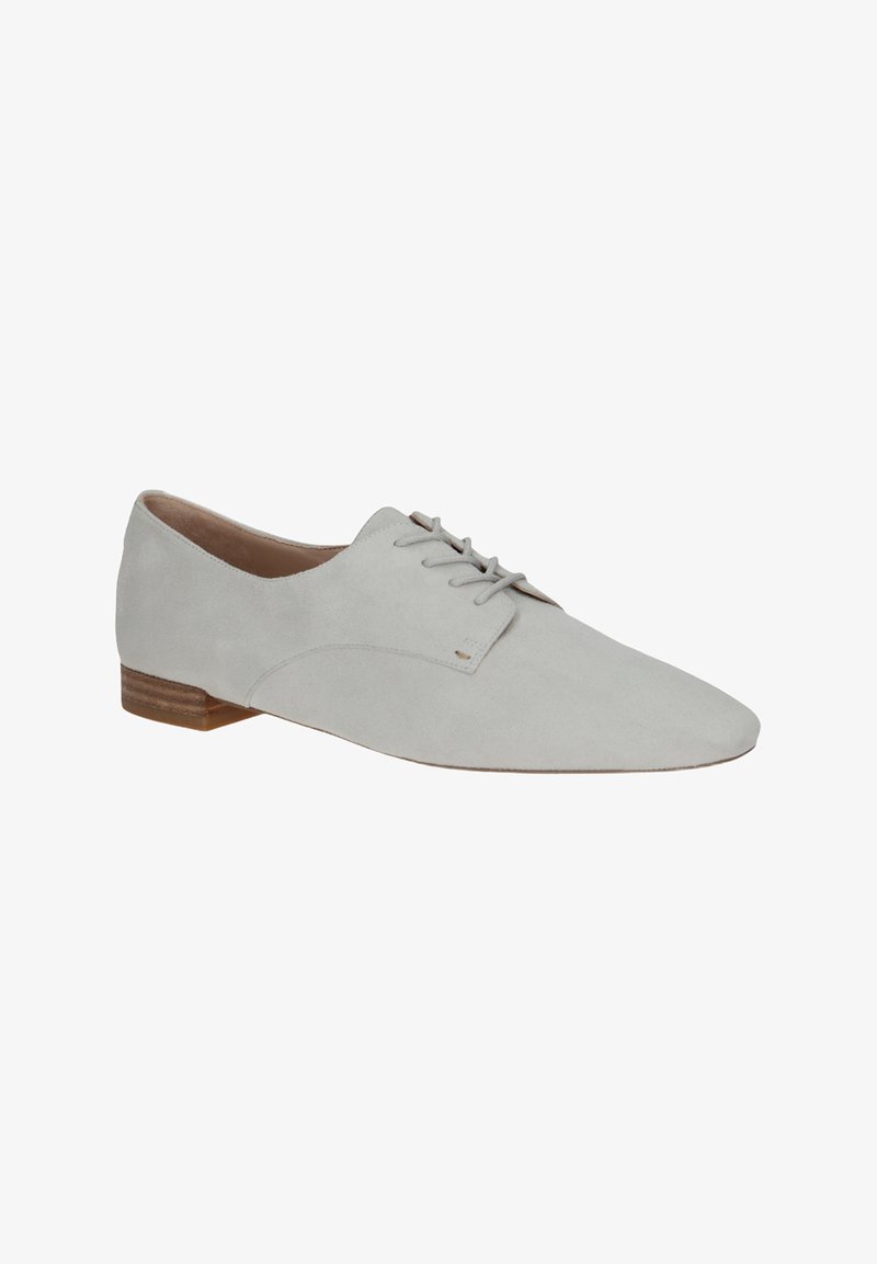 Gray suede oxford shoes with a rounded toe, lace-up design, and a small wooden heel. Smooth texture with minimal detailing.