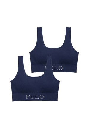 Laivastonsiniset puuvillaiset urheiluliivit, joissa on pyöreä pääntie, leveät olkaimet ja pehmeä joustava nauha, jossa lukee valkoisella kirjailtuna "POLO". Kaksipakkaus.