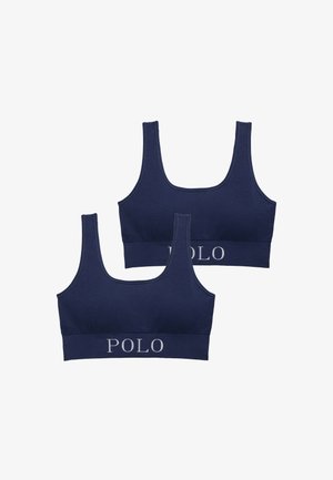Marineblaue Baumwoll-Sport-BHs mit rundem Ausschnitt, breiten Trägern und einem weichen elastischen Bund, der "POLO" in Weiß gestickt trägt. Zweier-Pack.