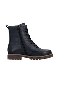 Marineblaue Lederstiefeletten mit Schnürung vorne und seitlichem Reißverschluss; robuste Gummisohle mit strukturiertem Muster für besseren Halt.