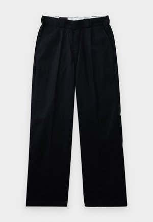 Black, wide-leg trousers made of a smooth fabric with front pleats, side pockets, and a contrasting white waistband lining.