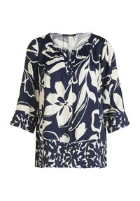 Marineblause mit weißem Blumenmuster, runder Halsauschnitt, Dreiviertelärmel und lockerer Schnitt. Glattes Material mit leichtem Glanz.