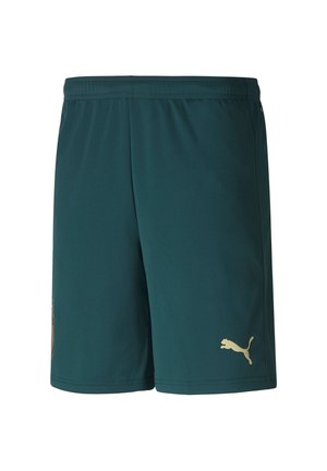 Dunkelgrüne Sportsshorts mit elastischem Bund und goldenem Puma-Logo am unteren rechten Bein.