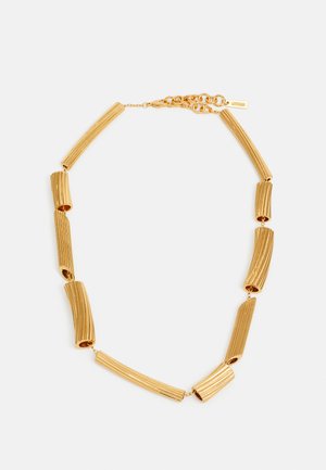 Gold-tone segmented necklace with textured, curved tubular links and a lobster clasp with chain extender on a white background.