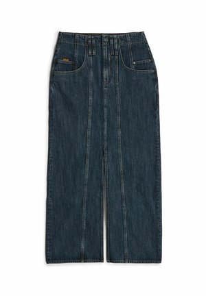 Dark blue denim wide-leg jeans with a high waist, featuring two front pockets and contrasting stitching. Straight leg design with minimal details.