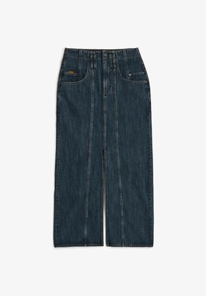 Tamsiai mėlynos džinsinės plačios kojų kelnes su aukštu liemeniu, turinčios dvi priekinės kišenes ir kontrastingą siuvinėjimą. Tiesios kojų dizainas su minimaliais dekoro elementais.