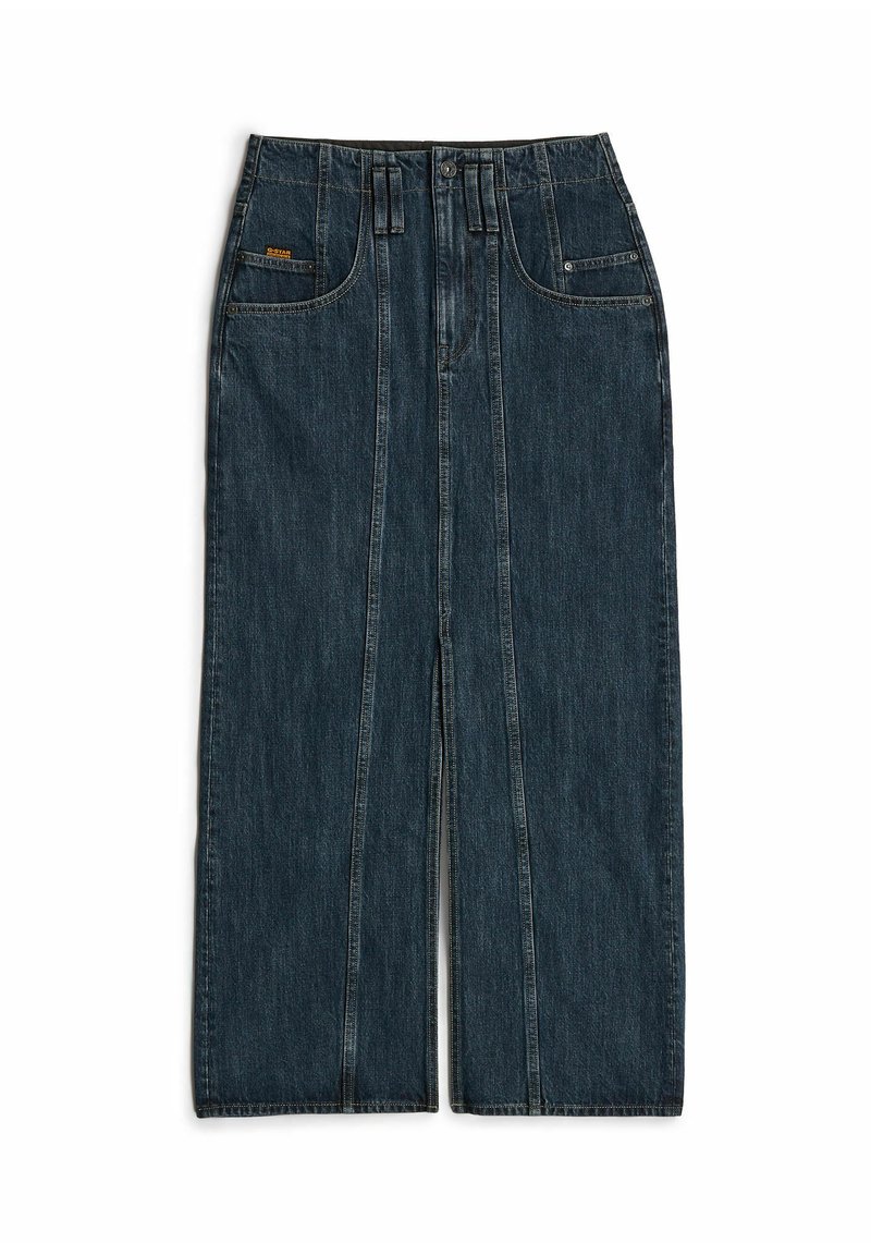 Dunkelblaue Denim-Jeans im weit geschnittenen Stil mit hoher Taille, ausgestattet mit zwei Fronttaschen und kontrastierenden Nähten. Gerades Bein-Design mit minimalen Details.