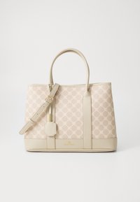 Sac fourre-tout beige avec un extérieur à motifs, en matériau imitation cuir, doubles poignées supérieures, bandoulière amovible et accents dorés.