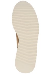 Ljusbeige skoled med texturerat, räfflat mönster. Materialet verkar vara gummi och ger bra grepp och hållbarhet. Inga framträdande logotyper eller accentuerande detaljer.