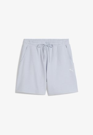 Shorts de sport bleu clair en tissu texturé, avec une taille élastique munie d'un cordon de serrage et deux poches latérales. Logo Puma en bas.