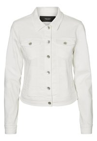 Vit denimjacka med långa ärmar, knappstängning framtill, två knäppta bröstfickor och en spetsig krage.