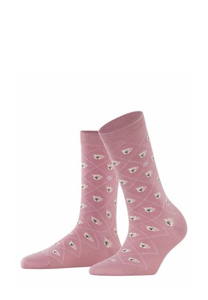 Pink cotton socks featuring a diamond pattern with small floral designs and contrasting accents. Flexible knit, mid-calf length.