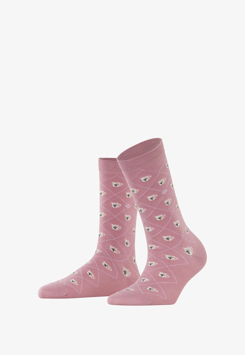 Chaussettes en coton rose avec un motif à losanges agrémenté de petits motifs floraux et d'accents contrastés. Tricot flexible, longueur mi-mollet.