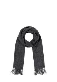 Grauer Wollschal, lang und rechteckig, mit weichem Griff und fransigen Enden für zusätzlichen Akzent. Geeignet für kaltes Wetter.