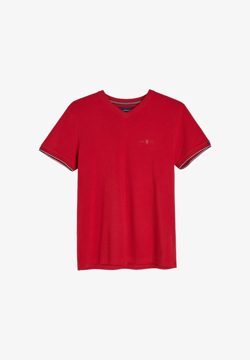 Czerwona bawełniana koszulka z dekoltem w serek, krótkimi rękawami i kontrastującymi czarno-białymi paskami na mankietach. Posiada haft "EST 1993".