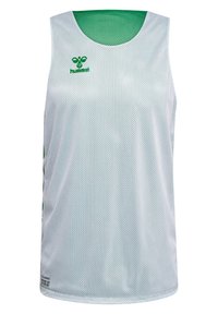 Canottiera atletica bianca in rete con scollatura verde e logo verde. Caratterizzata da tessuto traspirante e design senza maniche.