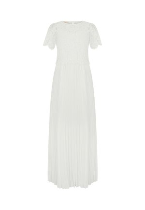 Weißes Maxikleid mit kurzen Ärmeln, Spitzenoberteil und plissiertem Rock, mit rundem Ausschnitt und Knopfverschluss am Rücken.