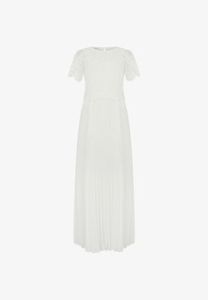 Weißes Maxikleid mit kurzen Ärmeln, Spitzenoberteil und plissiertem Rock, mit rundem Ausschnitt und Knopfverschluss am Rücken.