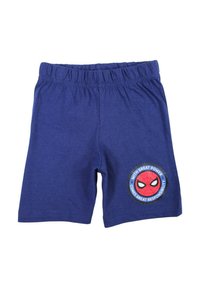 Shorts en coton bleu marine avec une ceinture élastique et un patch rond Spiderman présentant un motif de toile d'araignée et la phrase « Avec un grand pouvoir. »
