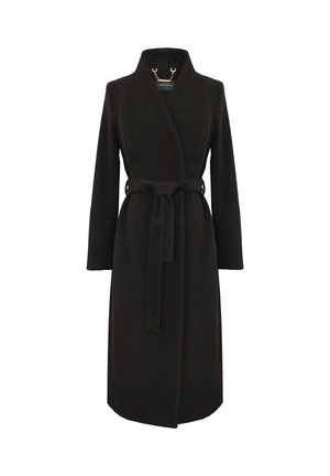 Długi czarny wełniany płaszcz z paskiem, szerokim kołnierzem i długimi rękawami, prezentowany na białym tle.