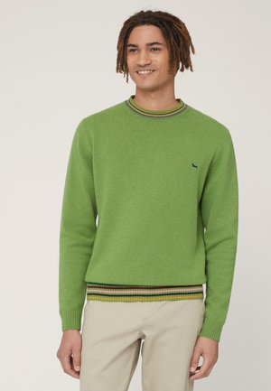 Maglione verde a maglia con scollatura rotonda, dotato di dettagli a righe multicolori sul colletto e sull'orlo, abbinato a pantaloni beige.