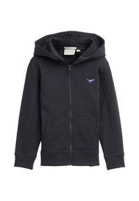 Felpa con zip di colore blu navy, dotata di tasca a marsupio, polsini a coste e un logo di un dinosauro blu chiaro sul petto. Realizzata in morbido tessuto misto cotone.