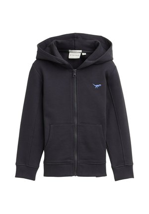 Navy Zip-Hoodie mit Kängurutasche, gerippten Bündchen und einem hellblauen Dinosaurier-Logo auf der Brust. Hergestellt aus weichem Baumwollmischgewebe.