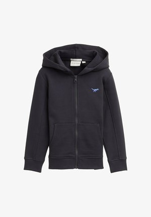 Tamno plavi dukserica na munje s kenguruvim džepom, rebrastim manžetama i svijetloplavim dinosaurim logotipom na prsima. Napravljena od meke mješavine pamuka.