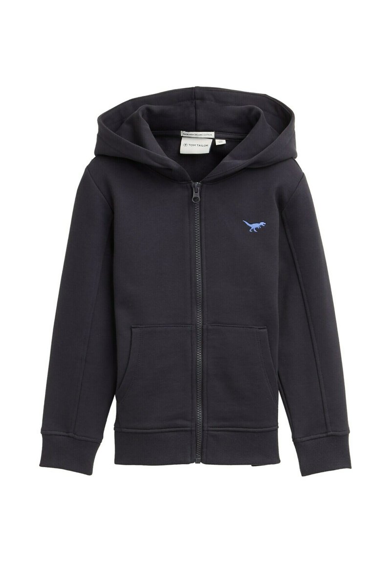 Felpa con zip di colore blu navy, dotata di tasca a marsupio, polsini a coste e un logo di un dinosauro blu chiaro sul petto. Realizzata in morbido tessuto misto cotone.