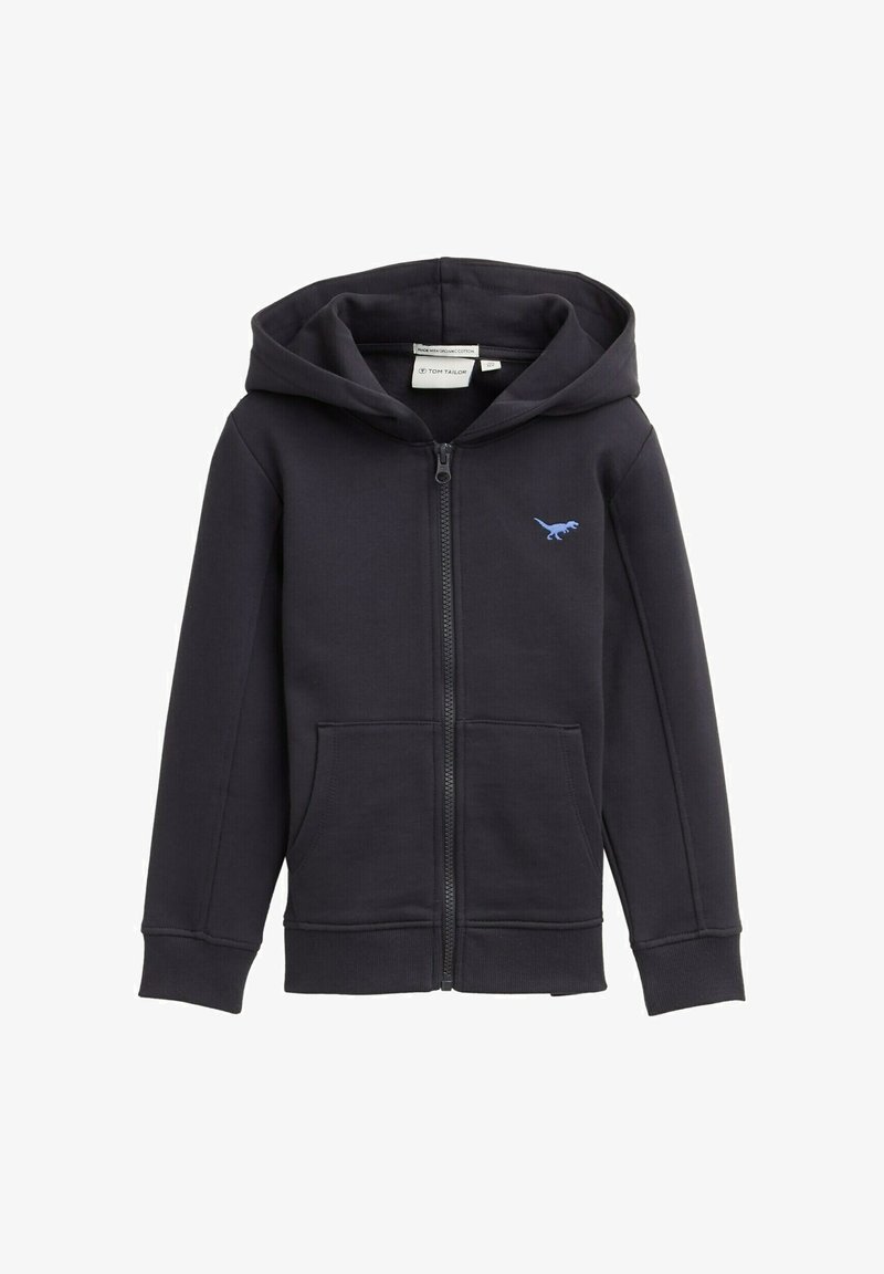 Felpa con zip di colore blu navy, dotata di tasca a marsupio, polsini a coste e un logo di un dinosauro blu chiaro sul petto. Realizzata in morbido tessuto misto cotone.