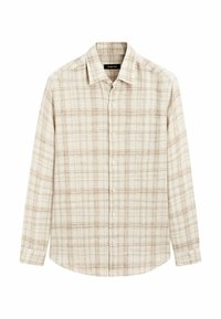 Camicia a quadri beige chiaro realizzata in cotone, con maniche lunghe, colletto e chiusura anteriore con bottoni, caratterizzata da linee e texture marroni a contrasto.