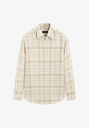 Lichtbeige geruite shirt van katoen, met lange mouwen, een kraag en knoopsluiting aan de voorkant, voorzien van contrasterende bruine lijnen en texturen.