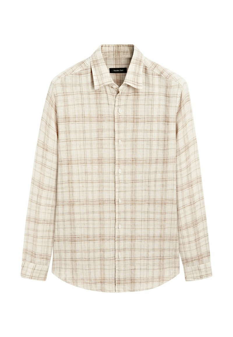 Camicia a quadri beige chiaro realizzata in cotone, con maniche lunghe, colletto e chiusura anteriore con bottoni, caratterizzata da linee e texture marroni a contrasto.