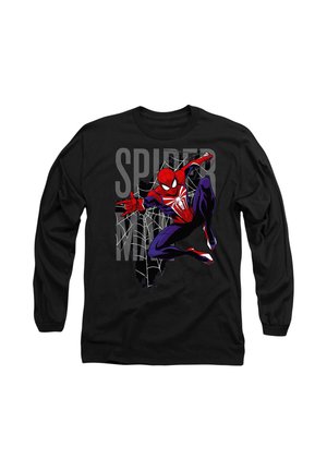 Black long-sleeve shirt featuring a graphic design of Spider-Man in red and blue, with a web background and "SPIDER-MAN" text.