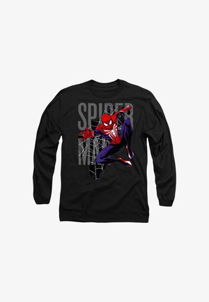 Schwarzes Langarmshirt mit einem grafischen Design von Spider-Man in Rot und Blau, mit einem Netz-Hintergrund und dem Text "SPIDER-MAN".