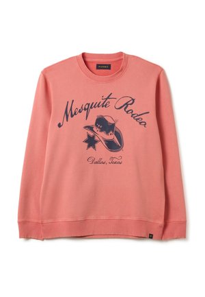 Korallefarbener Sweatshirt mit einem navyblauen "Mesquite Rodeo"-Druck, der einen Cowboyhut und einen Stern zeigt. Klassischer Rundhalsausschnitt und gerippte Bündchen.
