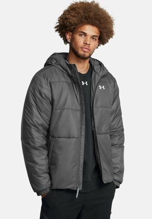 Gray puffer jacket with a hood, featuring quilted design, elastic cuffs, front pockets, and a sleek, water-resistant material.