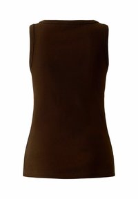 Mouwloos donkerbruin geribd tanktopje met een ronde hals, van achteren weergegeven.