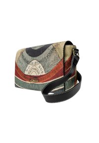 Borsa a tracolla multicolore con un motivo caratterizzato da disegni circolari e lineari, con una superficie tessurizzata e una tracolla in pelle nera.