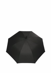 Parapluie noir avec un motif texturé, huit panneaux, un moyeu central visible et une poignée droite, conçu pour se protéger de la pluie.