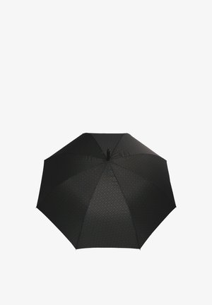 Schwarzer Regenschirm mit strukturiertem Muster, acht Paneelen, sichtbarem zentralem Hub und geradem Griff, entworfen zum Schutz vor Regen.