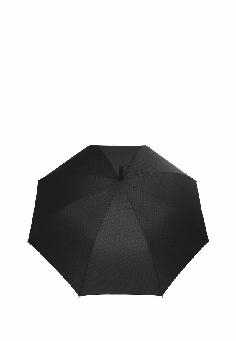 Parapluie noir avec un motif texturé, huit panneaux, un moyeu central visible et une poignée droite, conçu pour se protéger de la pluie.