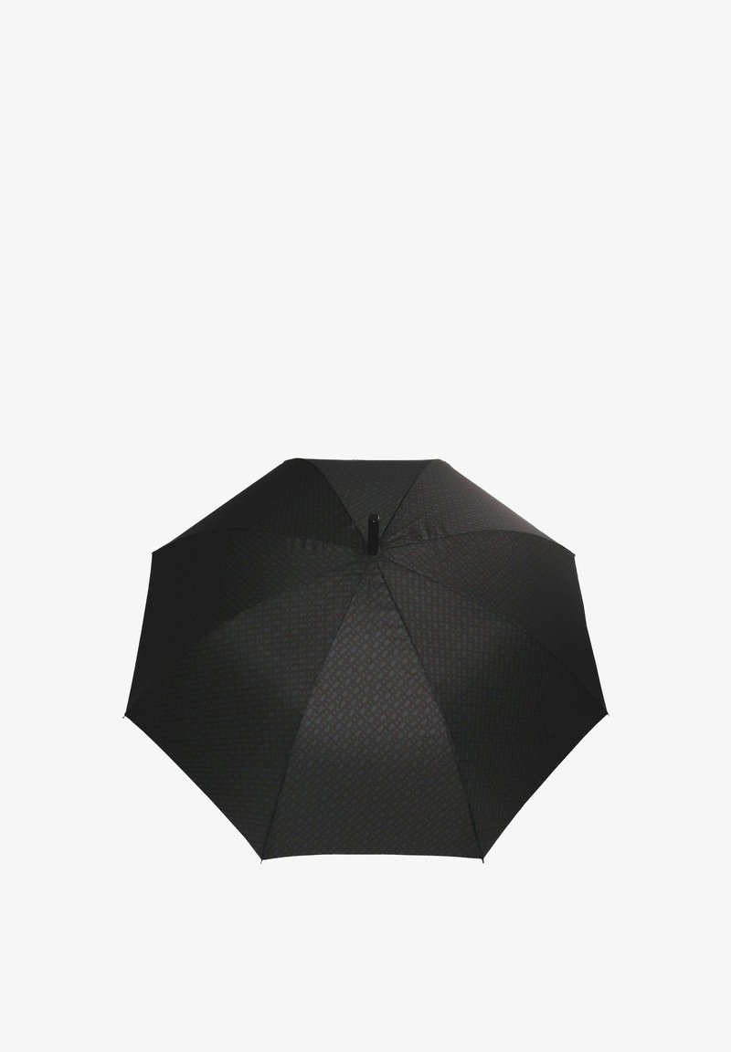 Sort paraply med et struktureret mønster, otte paneler, et synligt centralt hub og et lige håndtag, designet til beskyttelse mod regn.
