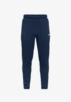 Marineblauwe sportbroek van lichtgewicht stof, met een elastische tailleband en een slanke pasvorm, met een logo aan de zijkant.